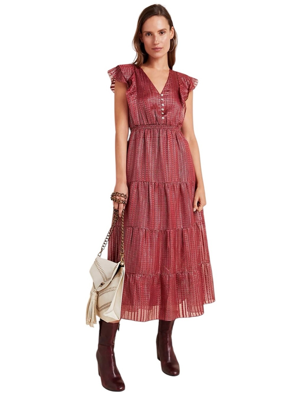 Dolan x Anthropologie- Left Coast Sawyer Silk Shimmer Tiered Midi Dress Sz XSP